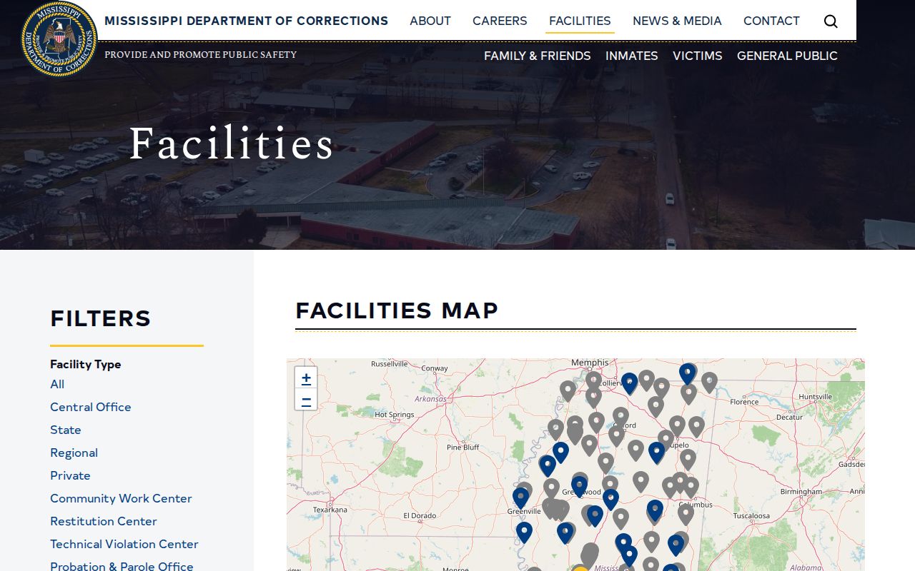 MDOC facility map showing no Sharkey County state release facility
