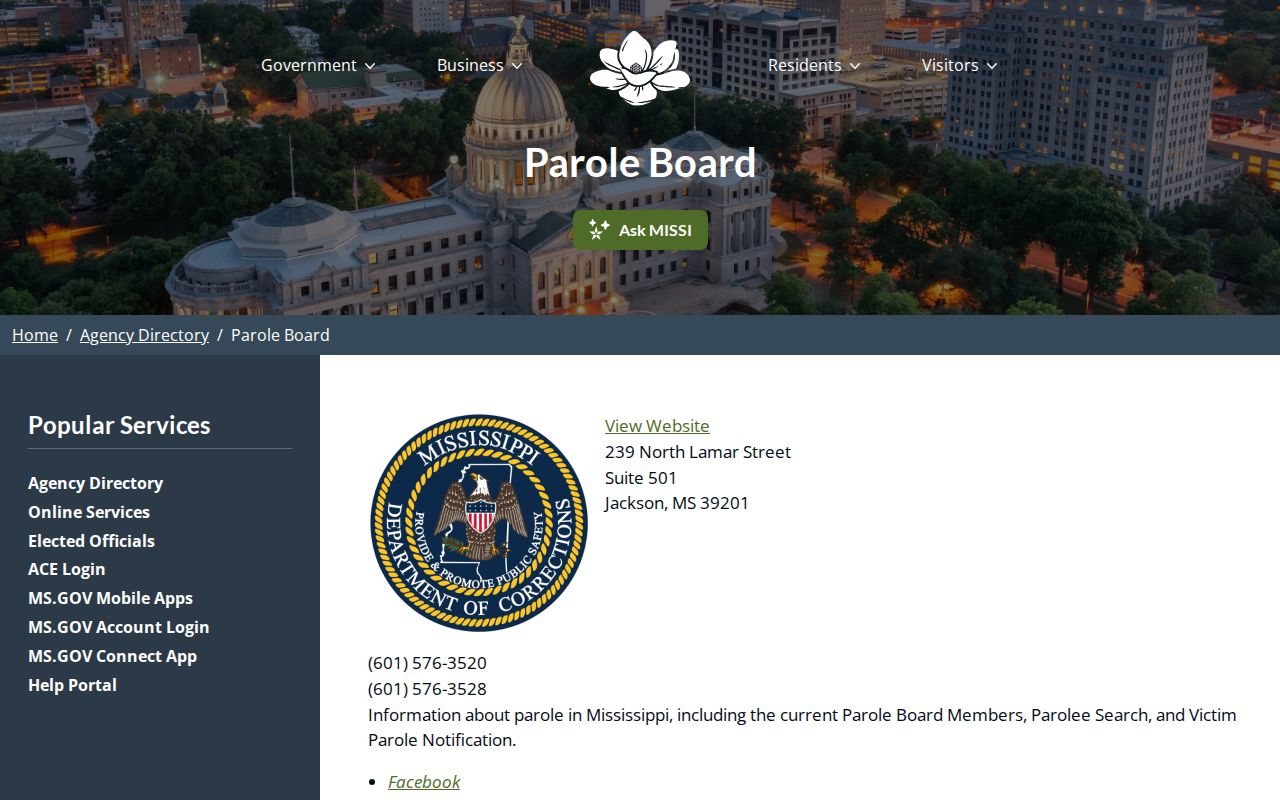Mississippi State Parole Board contact for Sharkey County parole records